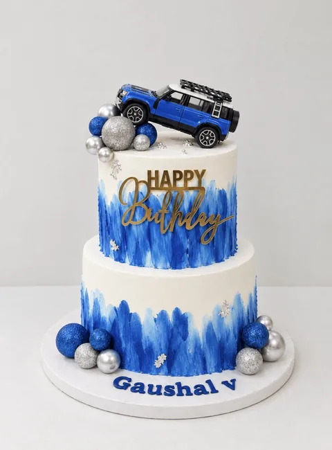 Blue off-road adventure custom cake by Lueur Patisserie
