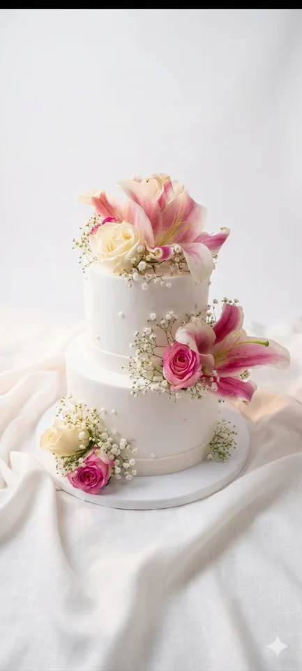 Pink lily tiers custom cake by Lueur Patisserie