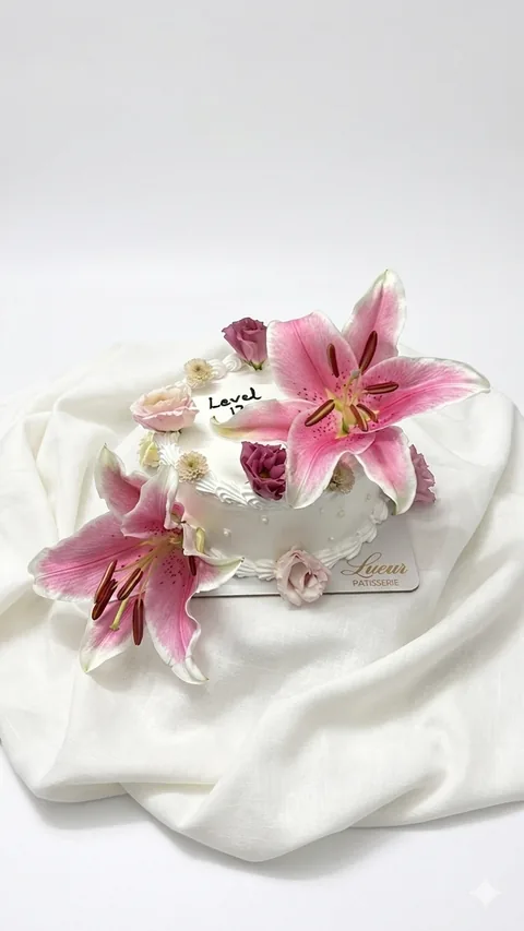 Pink lilies custom cake by Lueur Patisserie