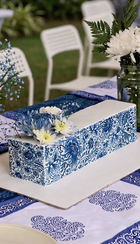 Blue and white pattern custom cake by Lueur Patisserie