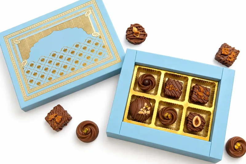 A light blue box of six chocolates beside its gold-patterned lid