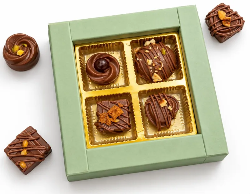 A sage green box of four chocolates, with more chocolates beside it